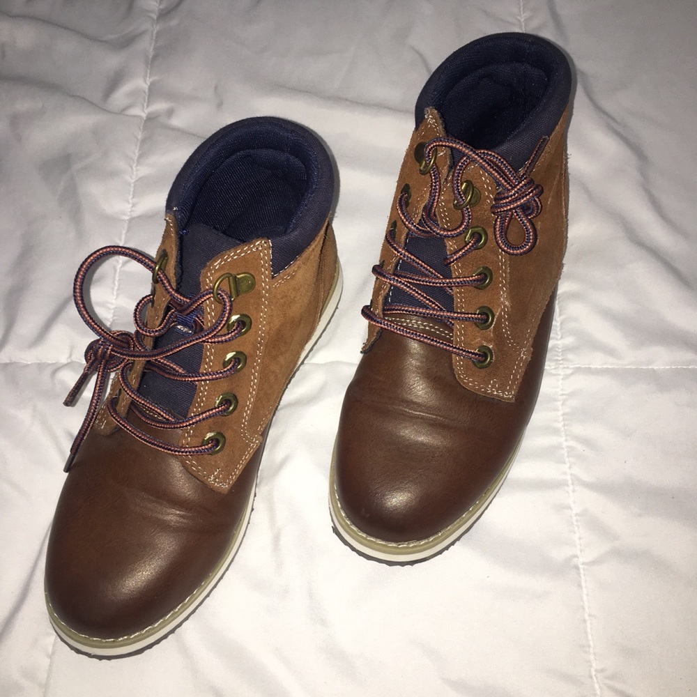 Brown and Navy blue boots
